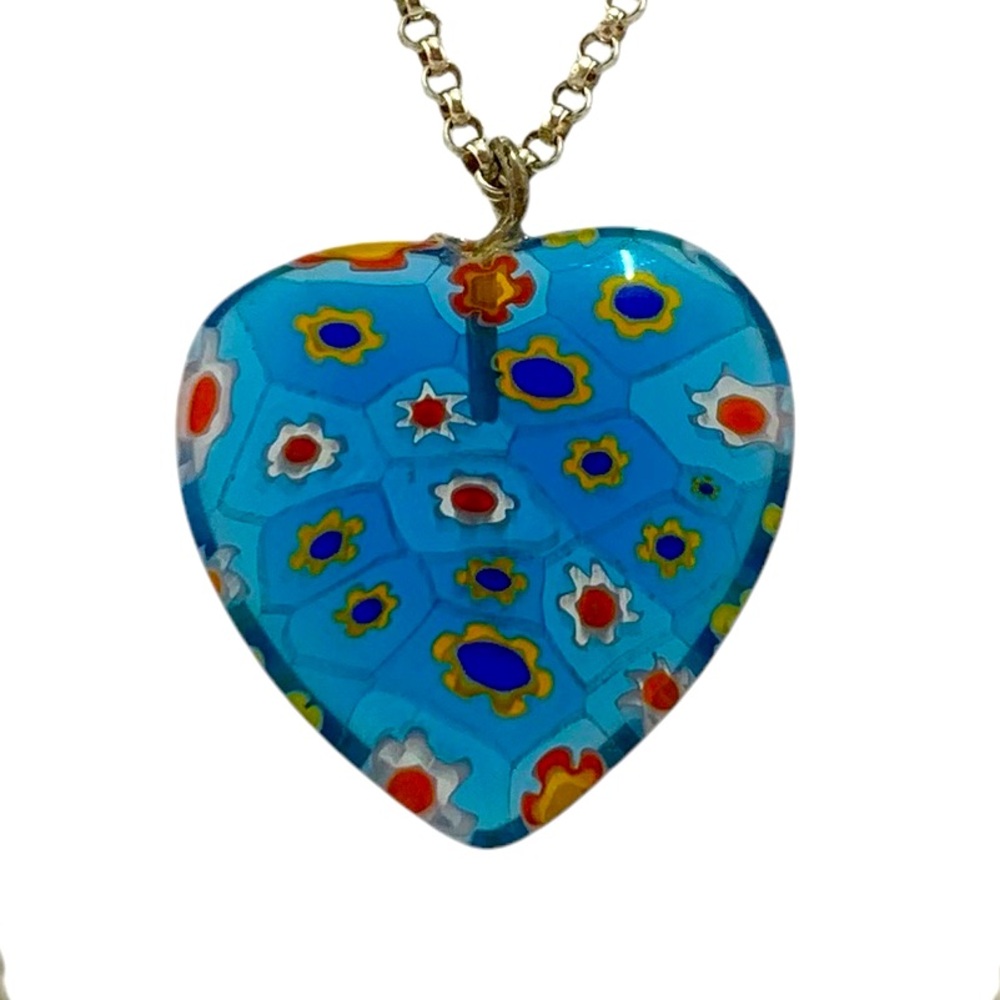 MILLEFIORI Blue Glass Heart Flower Pendant 1" w Sterling Silver 925 18" Chain